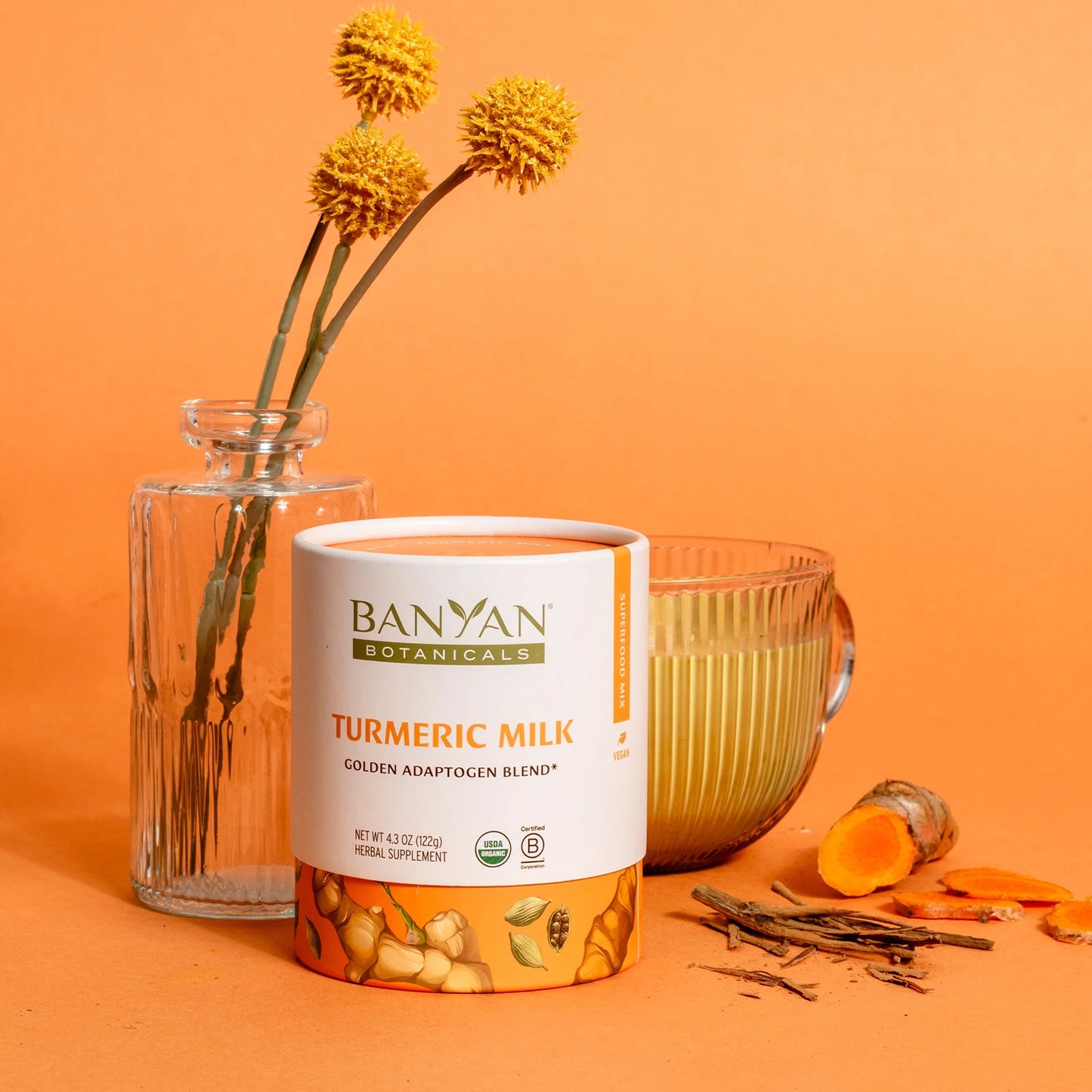 Turmeric Milk – Organic Turmeric Latte Mix with Ashwagandha & Cardamom – Instant Caffeine Free Golden Milk Sweetened with Maple Sugar – 4.3 Oz –Non GMO Sustainably Sourced Vegan