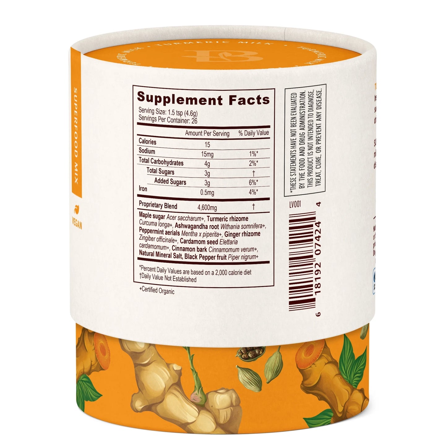 Turmeric Milk – Organic Turmeric Latte Mix with Ashwagandha & Cardamom – Instant Caffeine Free Golden Milk Sweetened with Maple Sugar – 4.3 Oz –Non GMO Sustainably Sourced Vegan