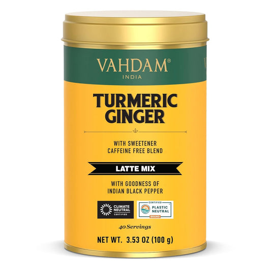 , Golden Milk Powder/Turmeric Ginger Latte Mix (100G, 40 Cups) Caffeine-Free | Powerful Curcumin, Turmeric Powder & Ginger | Brew Hot/Iced Tea or Turmeric Latte
